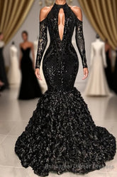 Black Sexy Keyhole Cool Shoulder Mermaid Flowers Semi Formal Prom Dresses